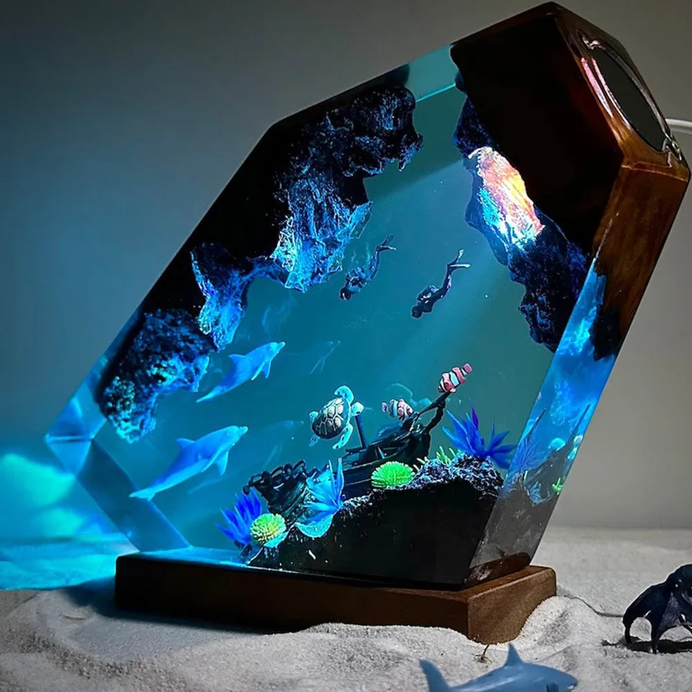 Luminous whale resin decorations with vibrant underwater scene in a polished resin craft; perfect for creative gifting.