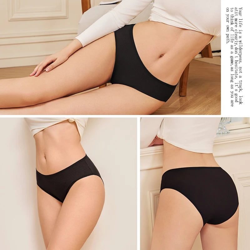 4PCS/SET Striped Ribbed Panties Set Women Mid Waist Breathable High Elastic Comfortable Sports Briefs Solid Color Daily Lingerie
