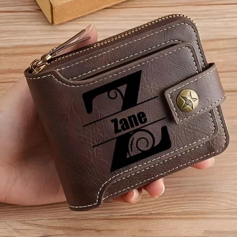 Personalized  PU Leather Chain Short Wallet For Man, Engraved Name&Text Bifold Stylish Brown Wallet For Man Valentines Birthday