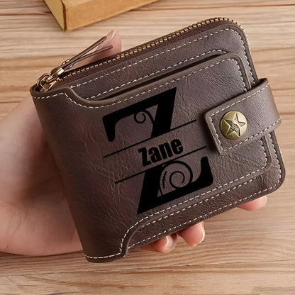 Personalized  PU Leather Chain Short Wallet For Man, Engraved Name&Text Bifold Stylish Brown Wallet For Man Valentines Birthday