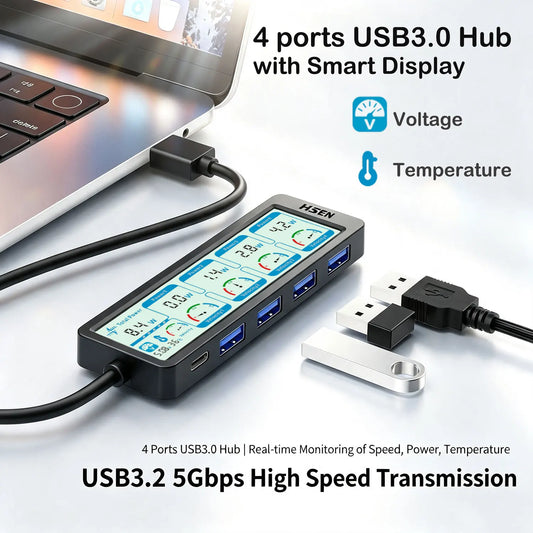 USB 3.0 HUB 4 Ports USB-A HUB with Smart Display Slim for Mouse Keyboard Compatible with MacBook Pro Air Laptop Desktop PC