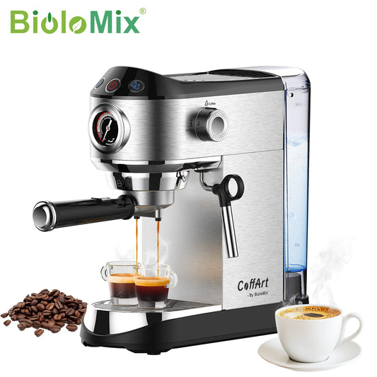 BioloMix Stainless Steel 20 Bar Semi Automatic Powder Coffee Machine,with Milk Steam Frother Wand, for Espresso, Cappuccino