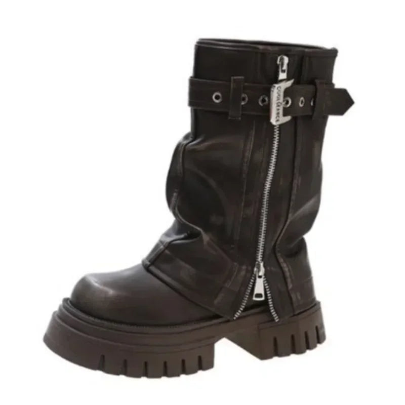 Winter Women Biker Boots Fashion Belt Buckle Ladies Elegant Platform Long Pipe Booties Casual Women's Knee High Booties2024