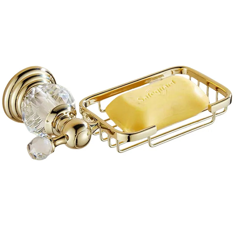 Luxury Gold Polished Brass Bathroom Accessories Set - Wall-Mounted Crystal Bath Hardware Collection