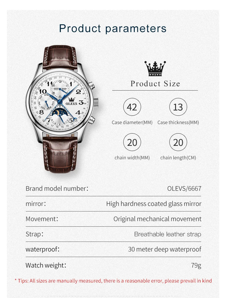 OLEVS 6667 Moon Phase Men's Watches 7 Hands Multi Functional Automatic Mechanical Watches for Man Top Luxury Business Man Watch