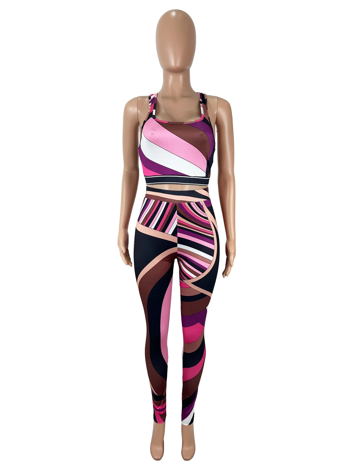 Stylish Lady Contrast Color Striped Printed 2 Piece Set Women Sleeveless Crop Top and Skinny Pant Suits 2025 Summer Sexy Outfits