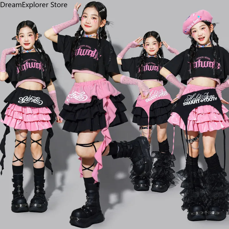 Girls K-pop Crop Top Street Dance Tiered Skirt Cargo Pants Children Costume Kids Hip Hop Streetwear Jazz Girl Group Clothes Sets