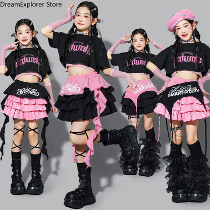 Girls K-pop Crop Top Street Dance Tiered Skirt Cargo Pants Children Costume Kids Hip Hop Streetwear Jazz Girl Group Clothes Sets