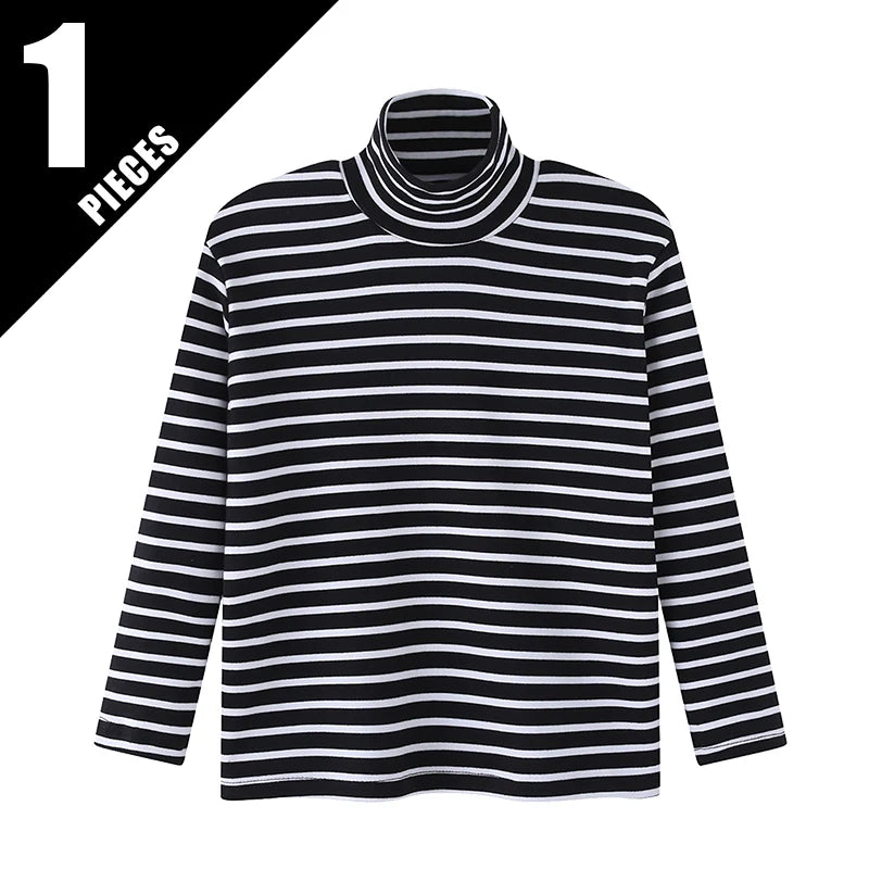 Autumn And Winter Children's Fashion Striped High Neck Long Sleeved Base Shirt Boys' Casual Sports Top Girls' Versatile Warm T