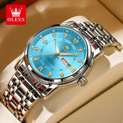OLEVS 5513 Exclusive Original Quartz Watch for Men Diamond Roman Scale Waterproof Wristwatch Dual Calendar Stainless Steel Watch