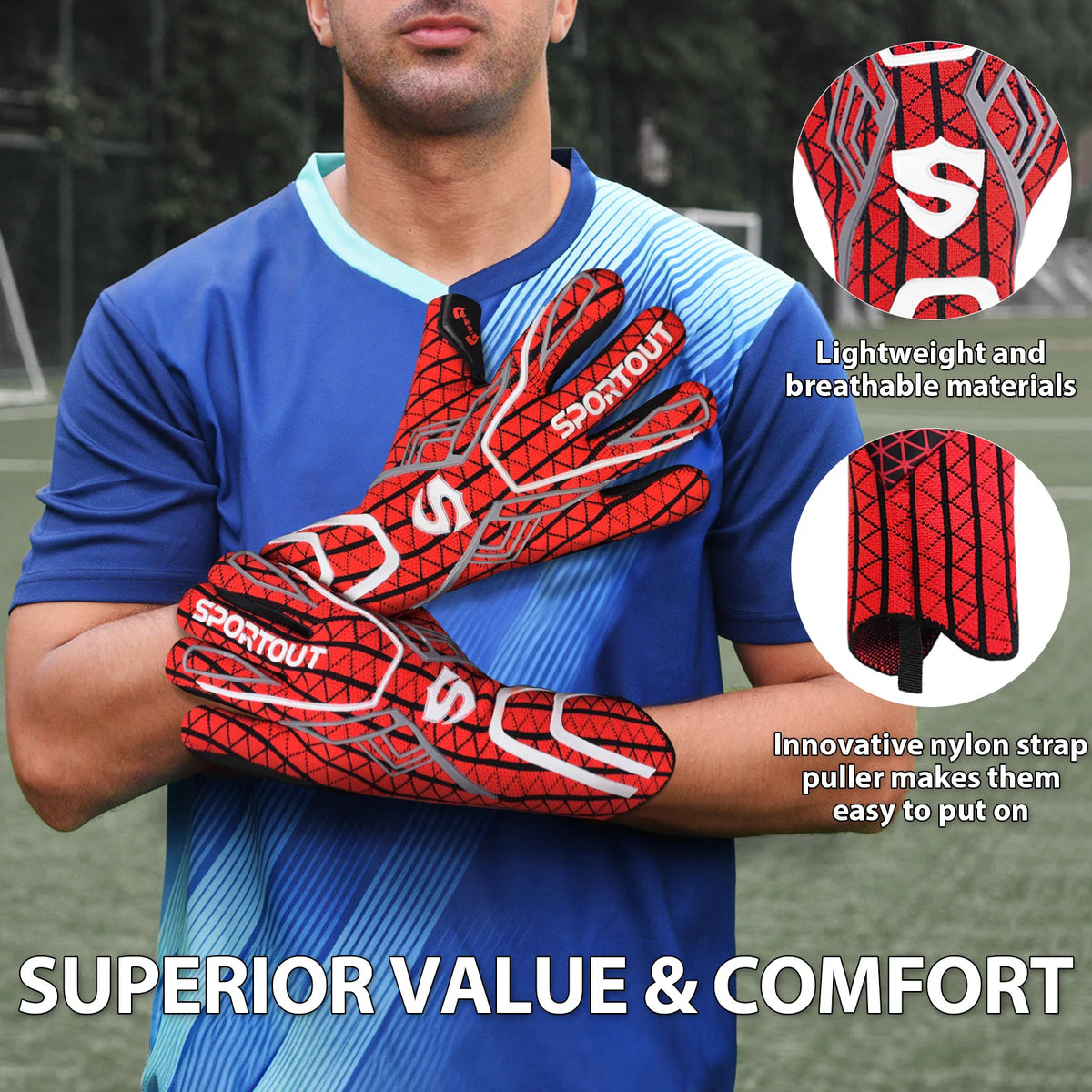 Goalkeeper gloves, men's goalkeeper gloves, football gloves, 4+3mm latex with super strong grip and strong breathability