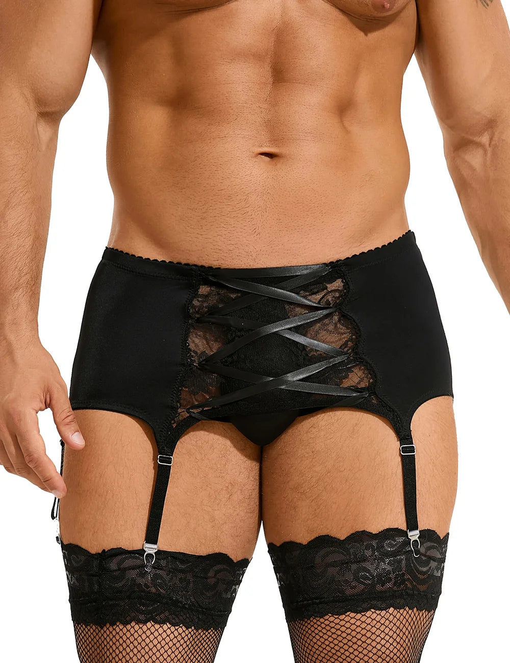 Men's Shiny Swim Fabric Lace Garter Belt | 6 Elastic Straps Adjustable Cross Strap Suspender Underwear