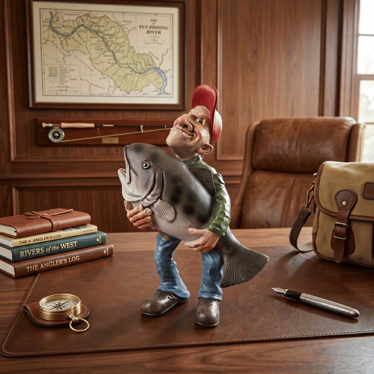 Funny Fisherman Holding Big Fish Sculpture Decorative Resin Statue Ideal Home Office Desktop Decoration Perfect Gift for Men Fat