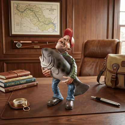 Funny Fisherman Holding Big Fish Sculpture Decorative Resin Statue Ideal Home Office Desktop Decoration Perfect Gift for Men Fat