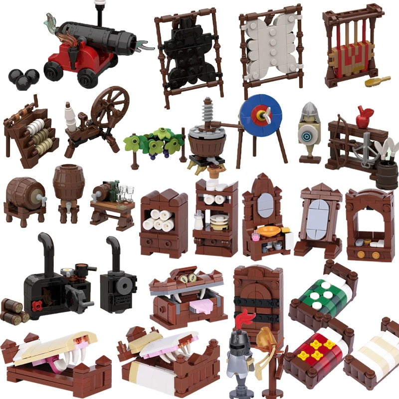 Medieval Scene Building Blocks Castle Street View Winery Tavern Loom Stove Leather Drying Rack Shooting Range Cannon Bricks Toys