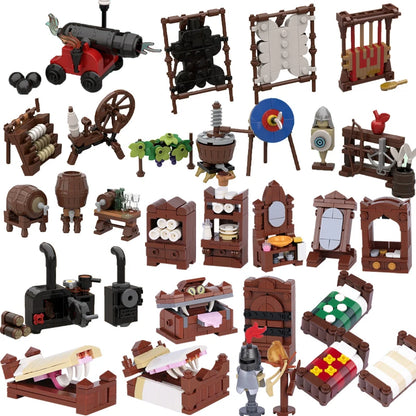 Medieval Scene Building Blocks Castle Street View Winery Tavern Loom Stove Leather Drying Rack Shooting Range Cannon Bricks Toys