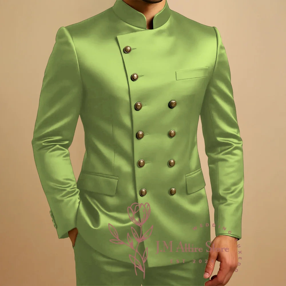 Green Suits for Men 2 Piece Satin Sets Double Breasted Blazer Pants Tailored Wedding Party Travel Africa Traditional Clothes