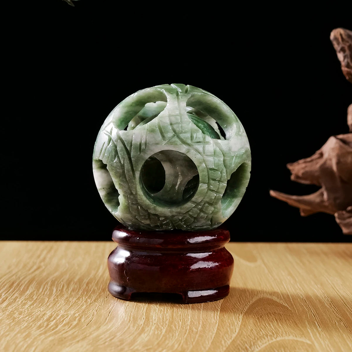 1pc Hand-Carved Lushan Jade Hollow Ball Reiki Energy Crystal Figurine St. Patrick's Theme for Home Decor Healing
