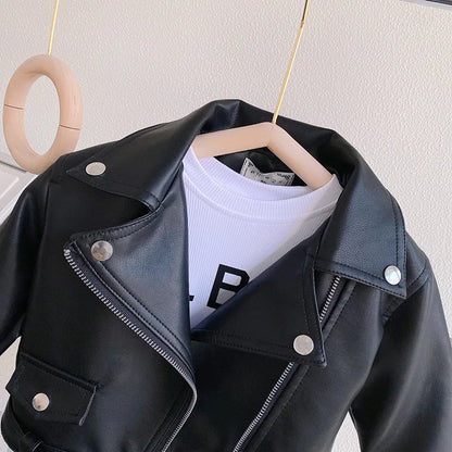 Motorcycle Girls Handsome Leather Jacket Spring Autumn New Short Style Lapel Zipper Coat For 2-8 Years Kids Fashion Pu Outerwear