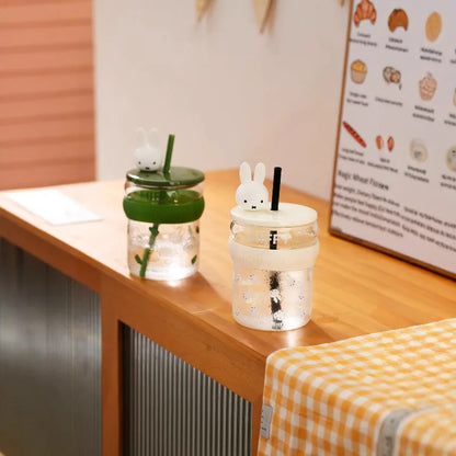 Miffy Anime Cartoon Rabbit Kawaii Glass Cup 450ml Breakfast Milk Juice Cups Cartoon Exquisite Fashion Student Drinking Cups Gift