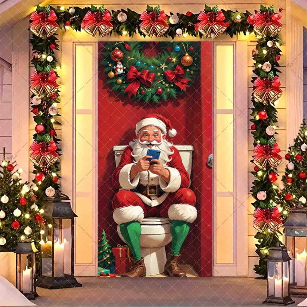 Christmas Humorous Santa Claus And Elk Door Banner Party Decorations Indoor Outdoor Veranda Door Cover Supplies Festive Gifts