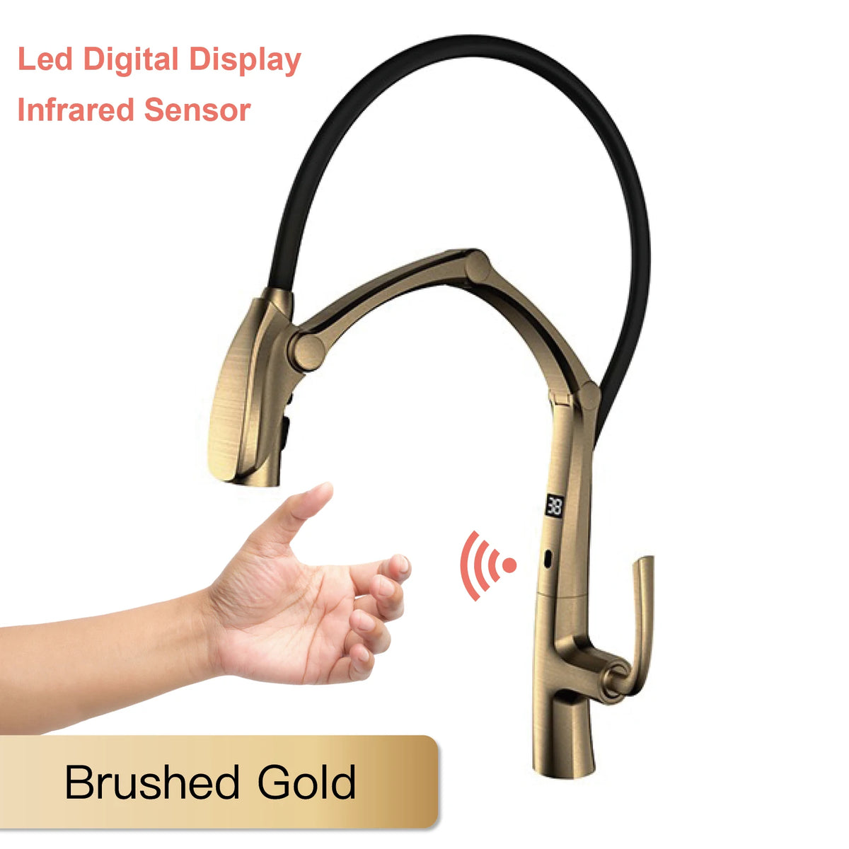 AITANA Gun Grey Luxury Brass LED Display Kitchen Faucet，Touchless Sensor，Pull-Out 3-Function Spray Water-Saving SinK Mixer