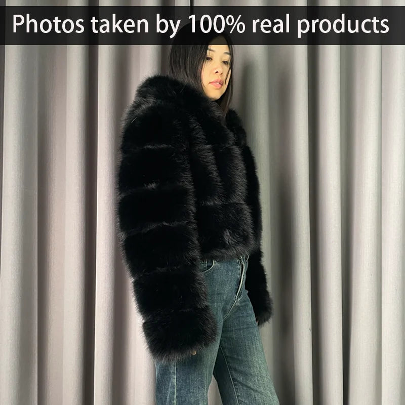Winter Warm Ladies Fake Fox Fur Jacket Short Fashion Hooded Artificial Fox Fur Coat High Quality Women's Cropped Fur Coat Black