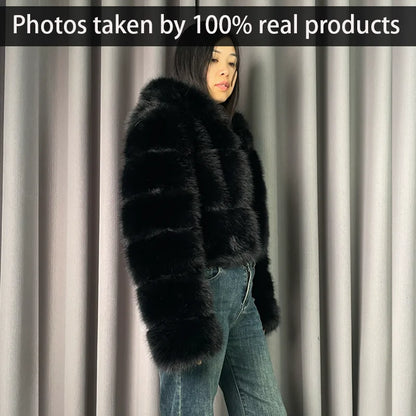 Winter Warm Ladies Fake Fox Fur Jacket Short Fashion Hooded Artificial Fox Fur Coat High Quality Women's Cropped Fur Coat Black