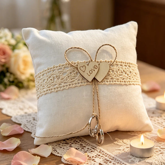 Rustic Wedding Ring Pillow with Heart Jute Rope, Ivory Linen Ring Bearer Cushion for Ceremony Decor Photo Prop