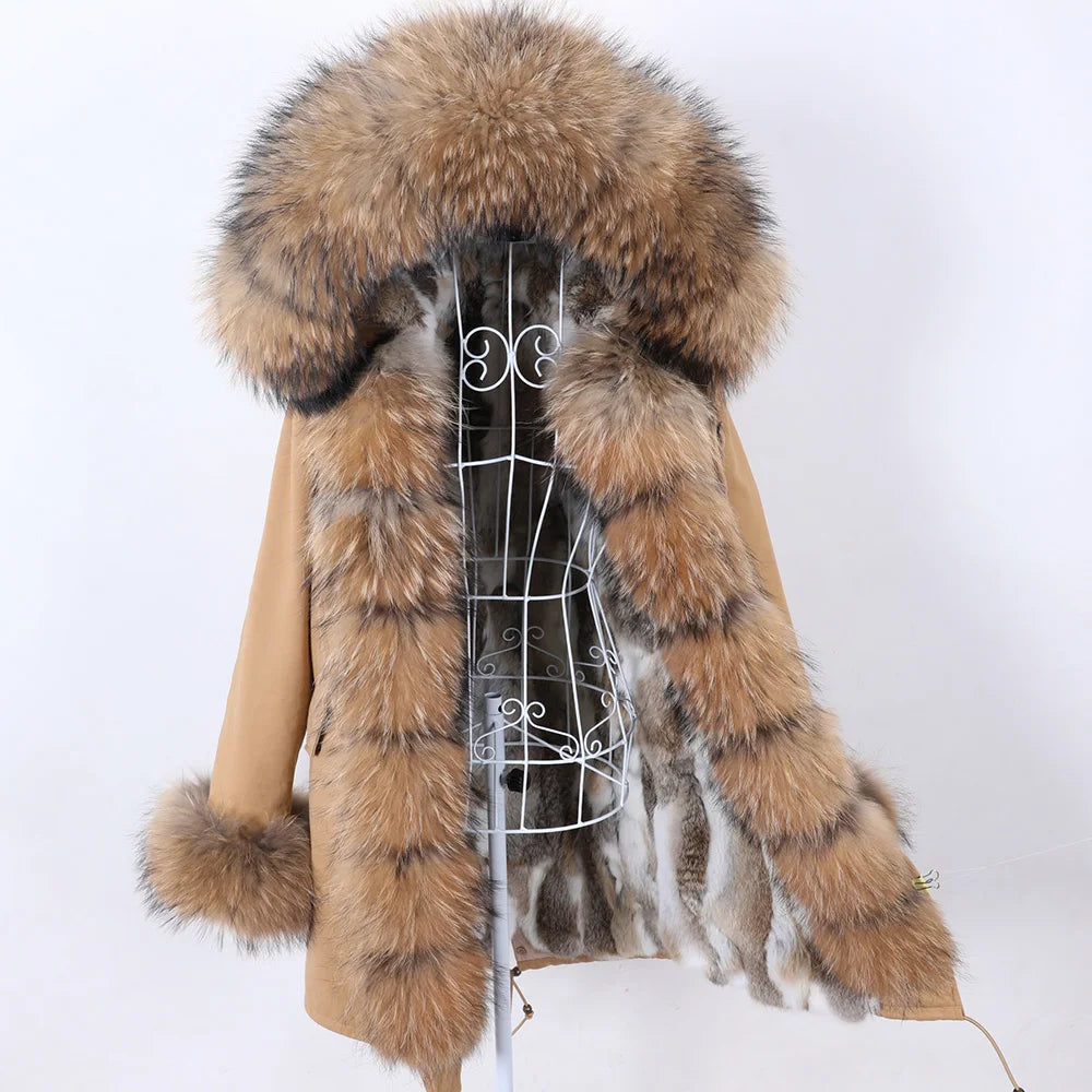 2026 Maomaokong Women's Winter Coats Rabbit Lining Jacket Natural Real Raccoon Fur Collar Parka Fox Fur Long Female Clothing