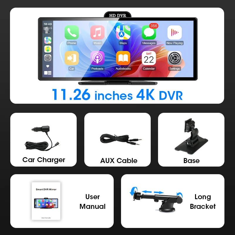 11.26/10.26 inch Dashcam Carplay Android Auto GPS Navigation WiFi Dashboard Car Rearview Camera Video Recording Universal Screen
