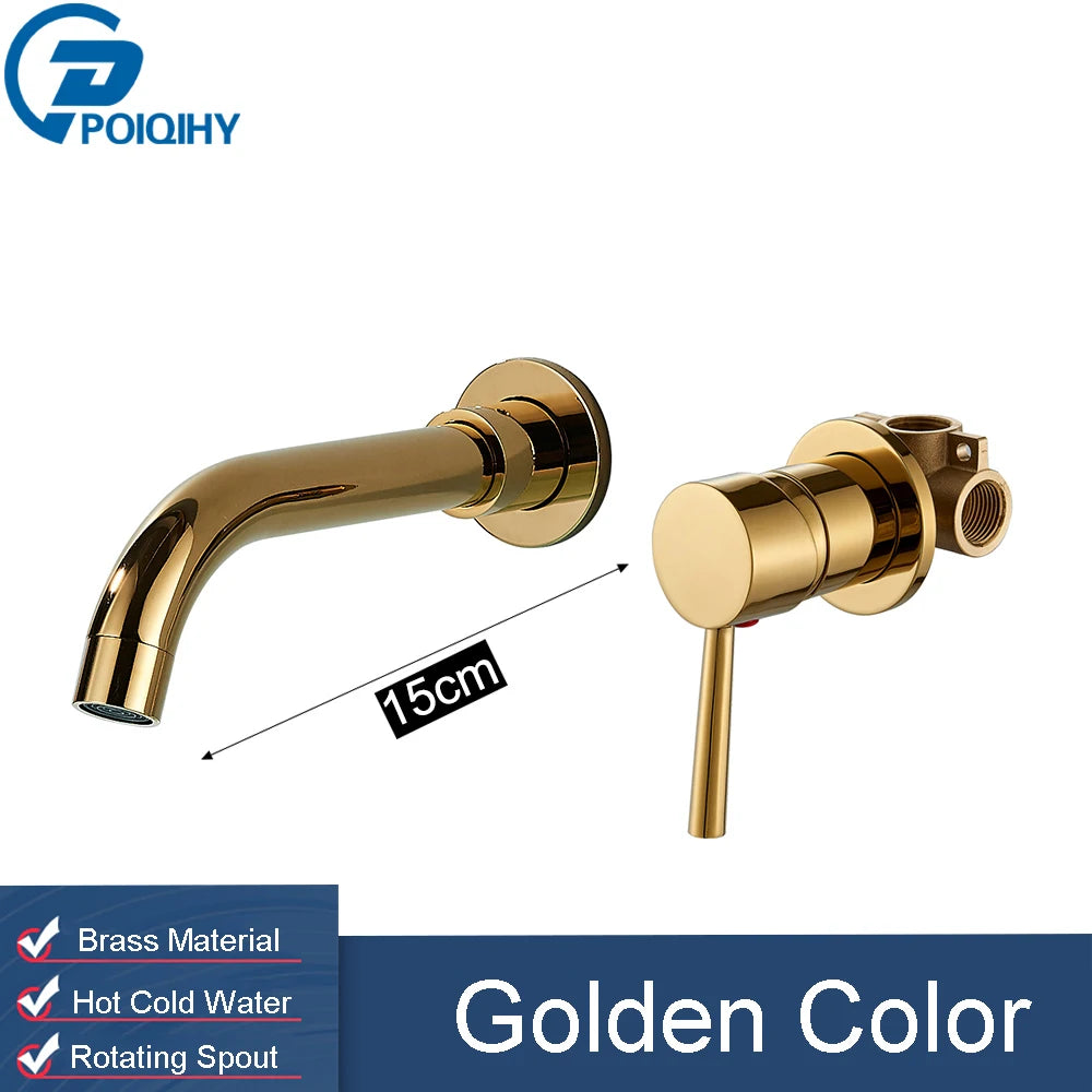 Golden Basin Faucet Bathroom Mixer Sink Tap Wall Mounted Hot Cold Water Tap Single Handle Rotating Spout Bathroom Faucet