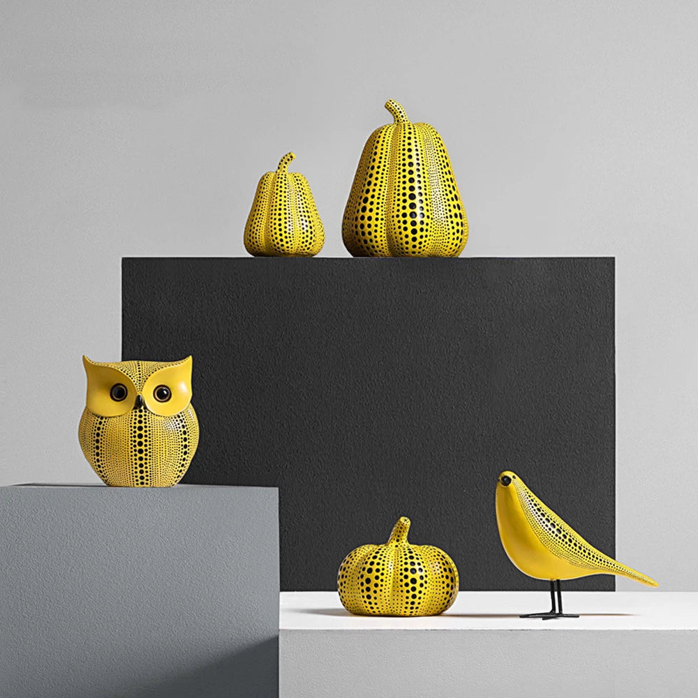 Yellow Wave Point Arts Crafts Funny Animal Owl Pumpkin Bird Statues Ornament Home Room Sculpture Desktop Decoration Figurines