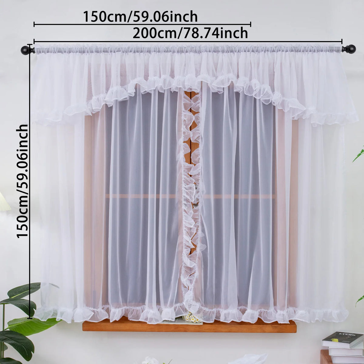 1PC Rod Pocket White Ruffle Edge Sheer Curtain, Light Filter Window Drape, For Kitchen Living Room, Sweet Housewarming Gift