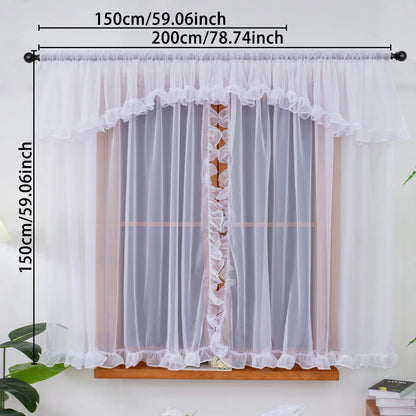 1PC Rod Pocket White Ruffle Edge Sheer Curtain, Light Filter Window Drape, For Kitchen Living Room, Sweet Housewarming Gift