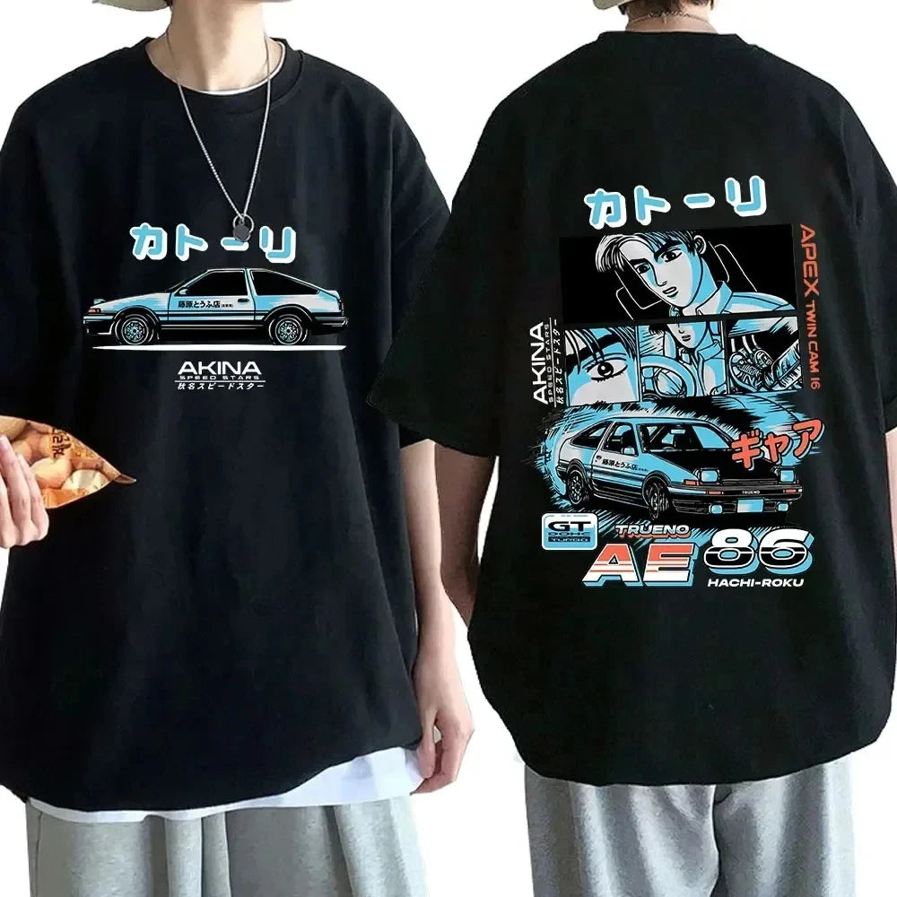 Anime Drift AE86 Initial D Double Sided T Shirt O-Neck Short Sleeves Summer Unisex R34 Skyline GTR JDM Manga T-Shirts 71775