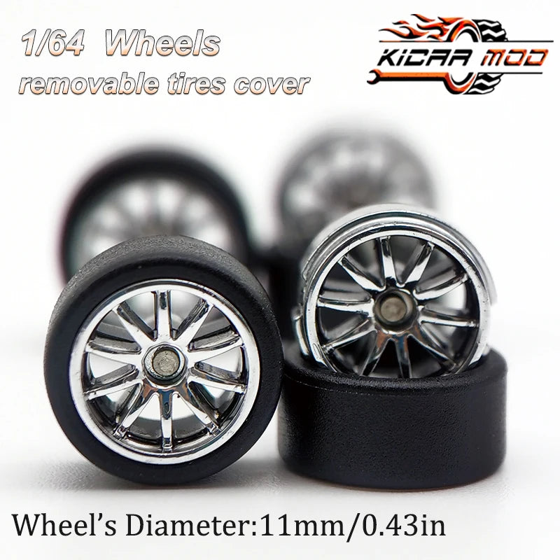 1/64 RLC Premium Wheels with Rubber Slick Tires for 10 Spokes Model Car Refitting Parts D:11mm (1 Set)