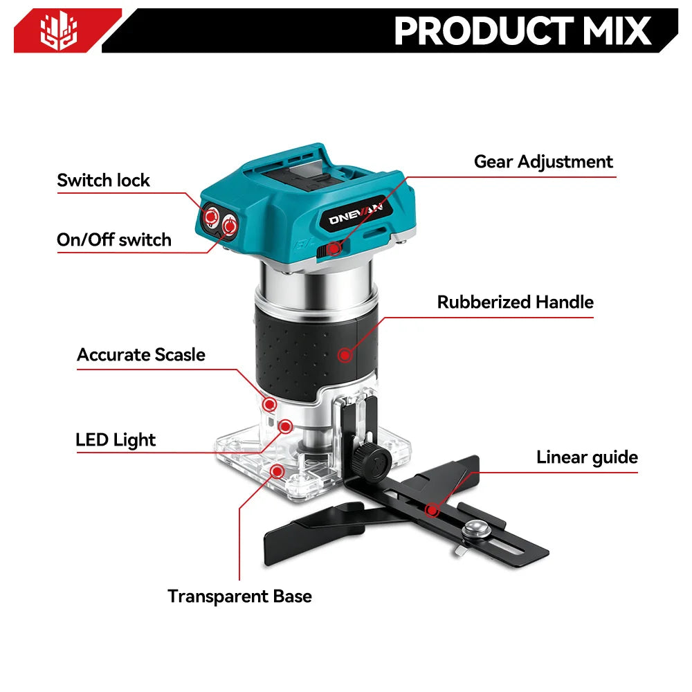 ONEVAN 1600W Brushless Electric Trimmer 5 Gears Cordless Woodworking Engraving Slotting Milling Router For Makita Battery Pin