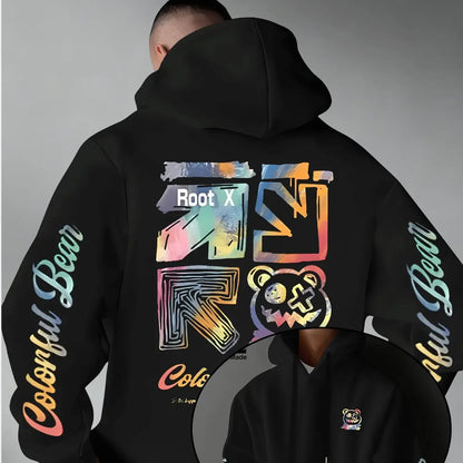 Men Thick Warm Hoodie Rainbow Splash Graffiti Root X Bear Colorful Bear Sleeve Text Print Urban Street Daily Commute Pullover