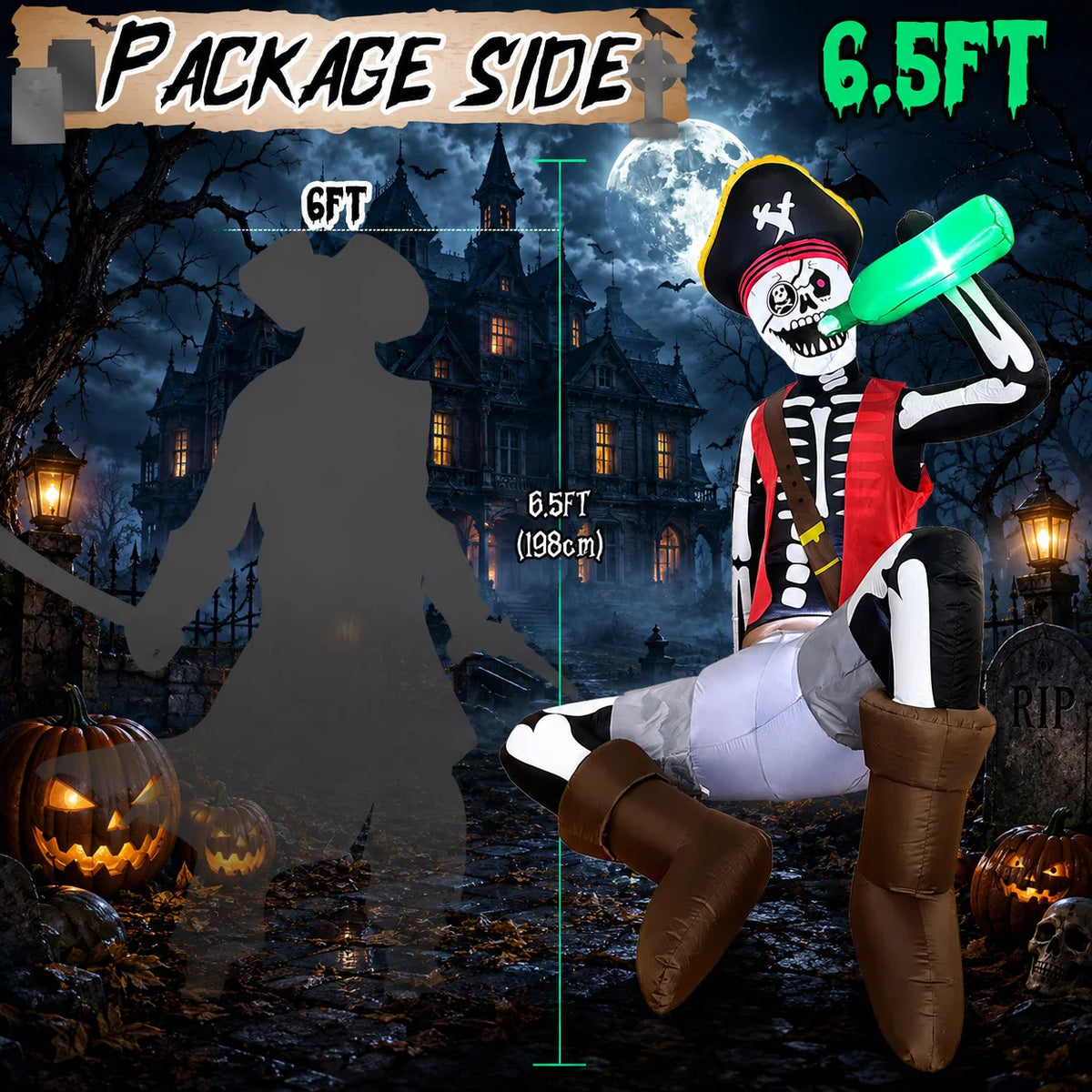 6.5FT Halloween Inflatable Decoration, Drinking Skeleton Pirate, Suitable for Patios, Lawns, Indoor and Outdoor Holiday Parties.