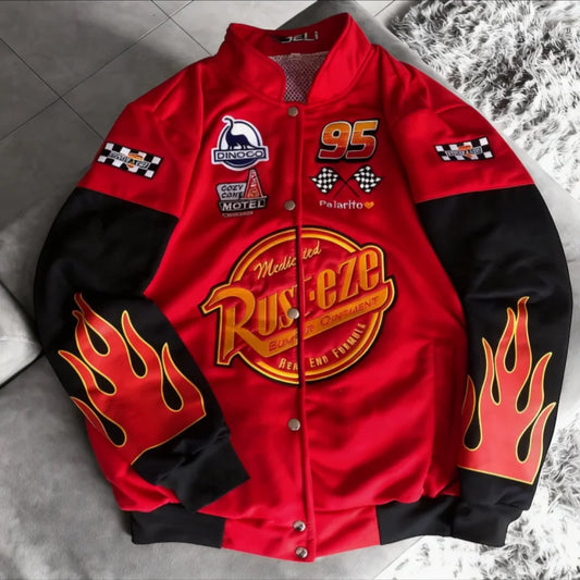 Men Red Flame Lightning McQueen 95 Racing Bomber Jacket Vintage Rusteze Print Motorcycle Baseball Coat Hip Hop Streetwear