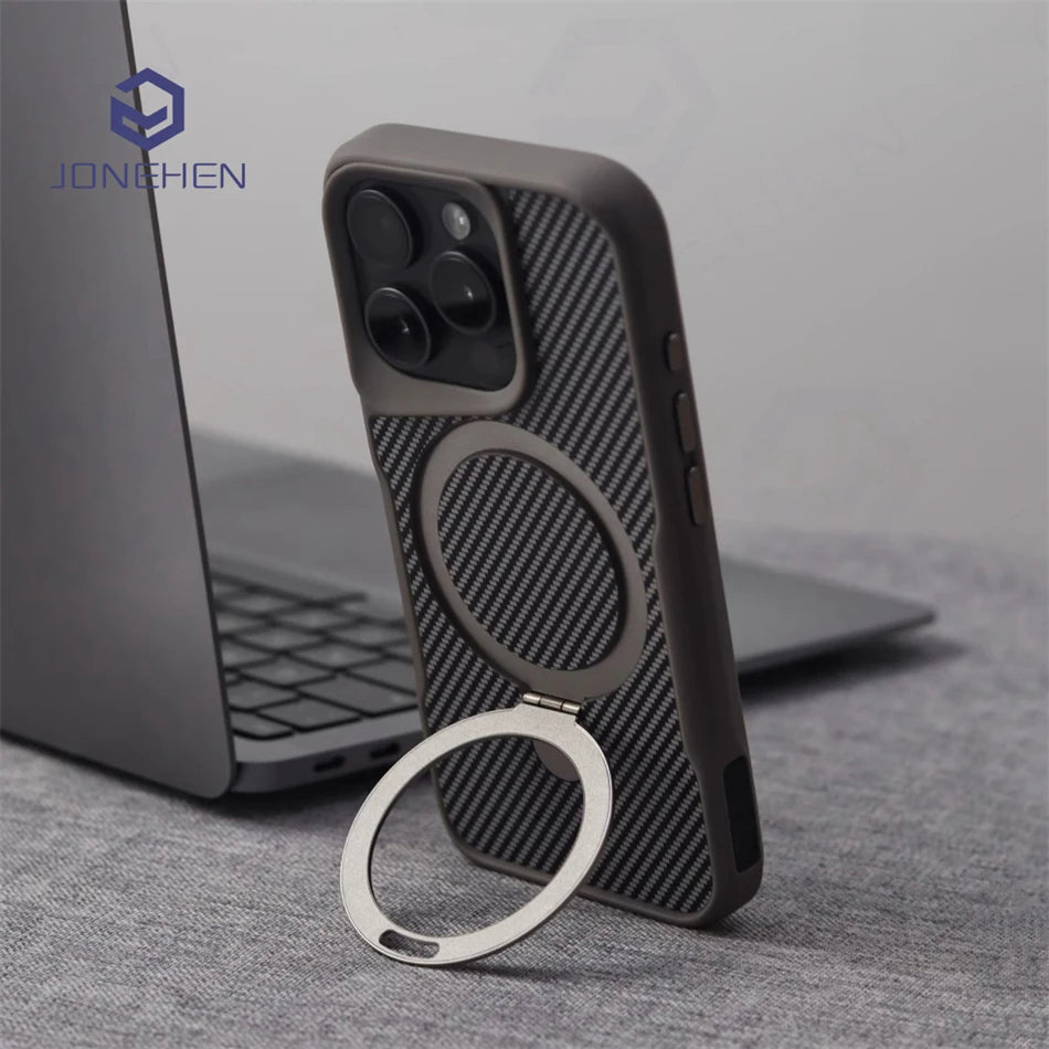 Luxury For Magsafe Shockproof Frame Armor Case For iPhone 13 15 12 14 16 17 18 Pro Max Metal Bracket Carbon Fiber Pattern Cover