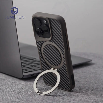 Luxury For Magsafe Shockproof Frame Armor Case For iPhone 13 15 12 14 16 17 18 Pro Max Metal Bracket Carbon Fiber Pattern Cover