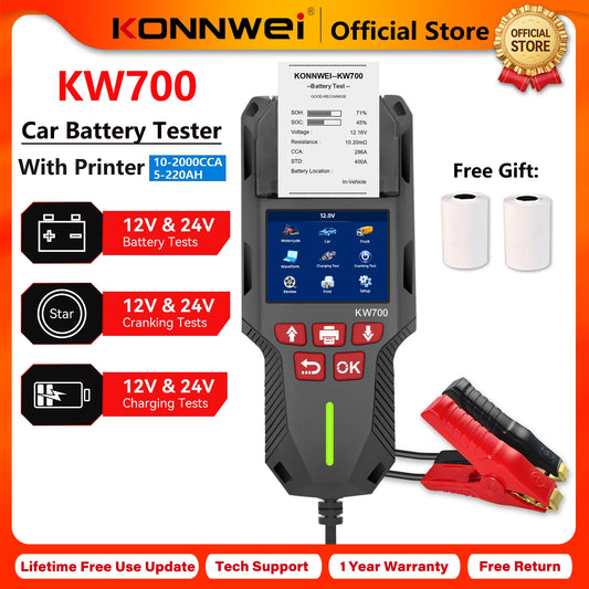 2026 KONNWEI KW700 12V/24V Car Battery Tester With Print Function Cranking Charging Test Tool SupportAGM/EFB/GEL/Lithium Battery