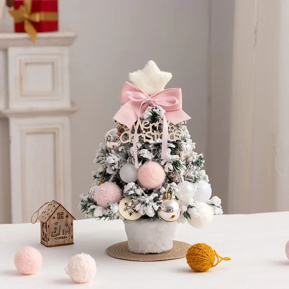 2025 Mini Flocking Christmas Tree with Golden Red Ball Led Lights Desktop New Year Home Christmas Decorations
