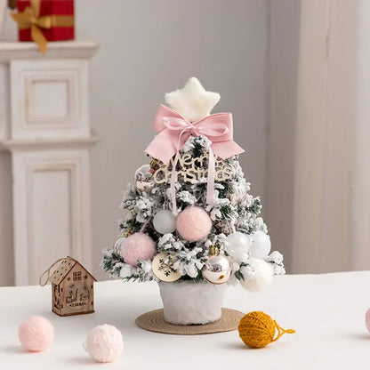 2025 Mini Flocking Christmas Tree with Golden Red Ball Led Lights Desktop New Year Home Christmas Decorations