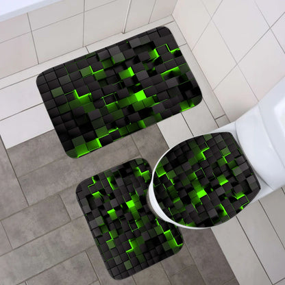 4-piece set of technological blue and black checkered printed waterproof shower curtains with 12 hooks, bathroom floor mats