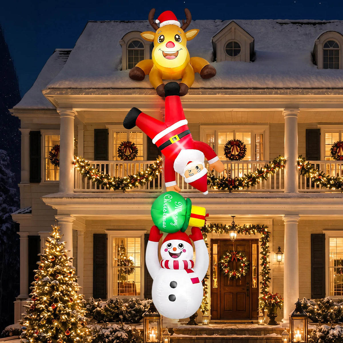 12FT Christmas Inflatable Decoration Reindeer Snowman Gift Bag,Suitable for Outdoor Yard Patio Holiday Decor