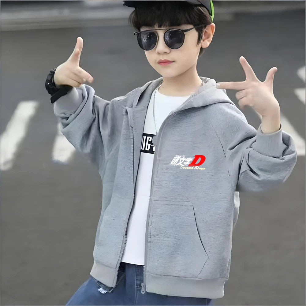 Children Age 3-12 Hoodies Zipper Cardigan Tops Boy Black Girls Pink Leisure Coat Long Sleeve Hooded Japanese Manga Racing Movie