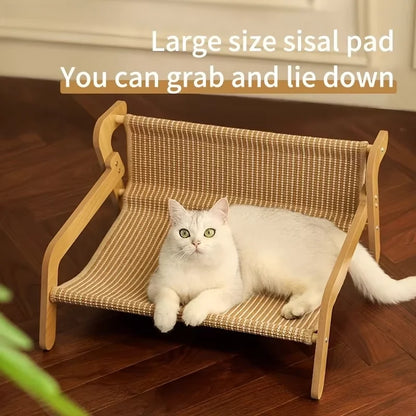 Large Sisal Cat Scratcher Lounge Bed, Off-Ground Breathable Cat Hammock, 2-in-1 Scratch & Rest Sofa, Durable Wooden Frame Cat Be